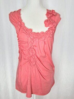 Anthro Ric Rac Y2K Modern Retro Coral Ruched Top w Rosettes Flaw